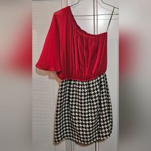 Judith March Red And Black One Shoulder Dress with Houndstooth Skirt